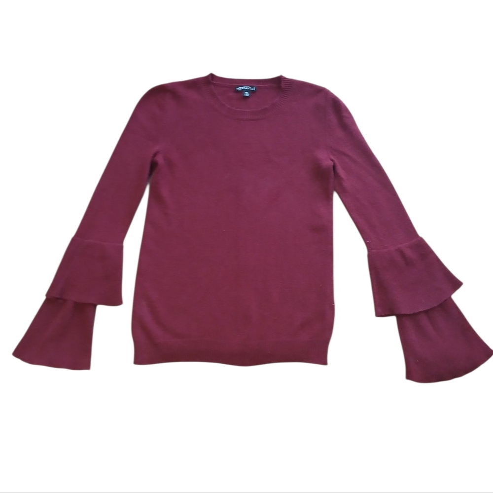 J. Crew Mercentile Women's Size X Small Elegant Burgundy Ruffle Sleeve Wool Top - Picture 2 of 8